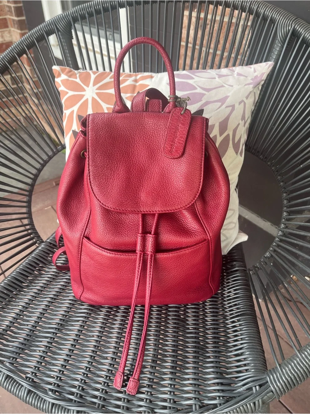 Liz Claiborne Vintage Red Pebbled Leather Drawstring Backpack Purse